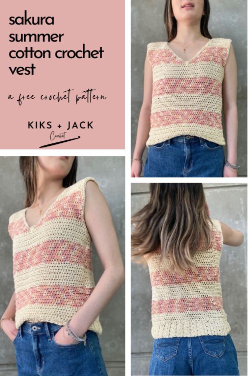 Girl wearing pink stripe Summer Cotton Crochet Vest