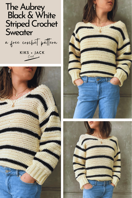 Easy Long Black and White Striped Crochet Sweater V Neck Free Pattern